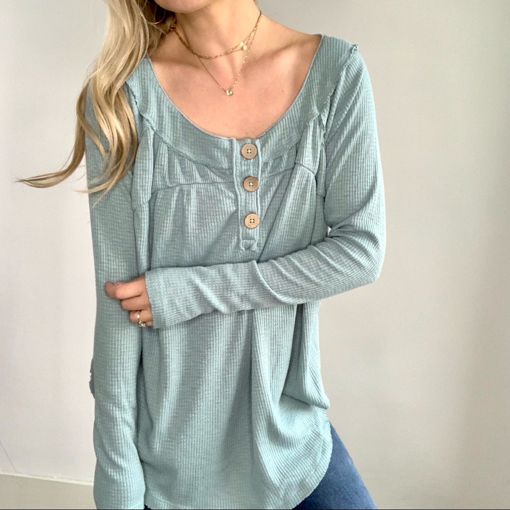 Free People Blue/Green Waffle Knit Sweater Large